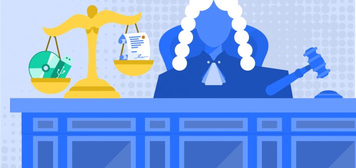 Documentos firmados con la FIEL / e.firma como medio de prueba en juicios en México. Imagen ilustrativa que muestra a un juez y la balanza de la justicia que en un lado sostiene una memoria USB y un CD y en otra un documento firmado en papel